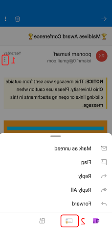 来自Android的截图，右上角有三个红圈的点和一个数字1, then a report junk icon circled in red and a number two