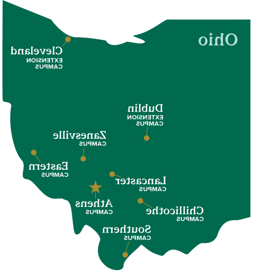 map of the state of Ohio with indicators for each Ohio University campus